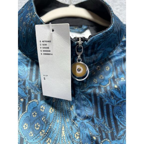Urban Outfitters Bomber Zip Up Jacket Small Blue Teal Gold Satin Feel‎ Paisley - Picture 5 of 9